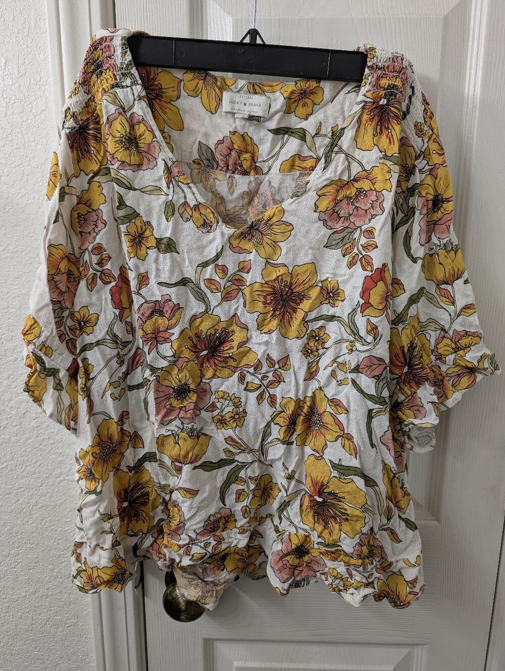 Lucky Brand Yellow & Pink Floral V-Neck Peasant Tunic